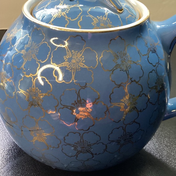 Hall Teapot French Flower Cadet Blue Periwinkle Gold Trim Vintage 1950s - Picture 4 of 14